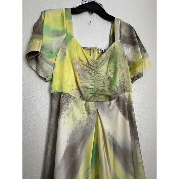 Dkny Midi Dress Womens S Watercolor Hues Ruched Printed Satin Short Sleeve NWT - Picture 5 of 11